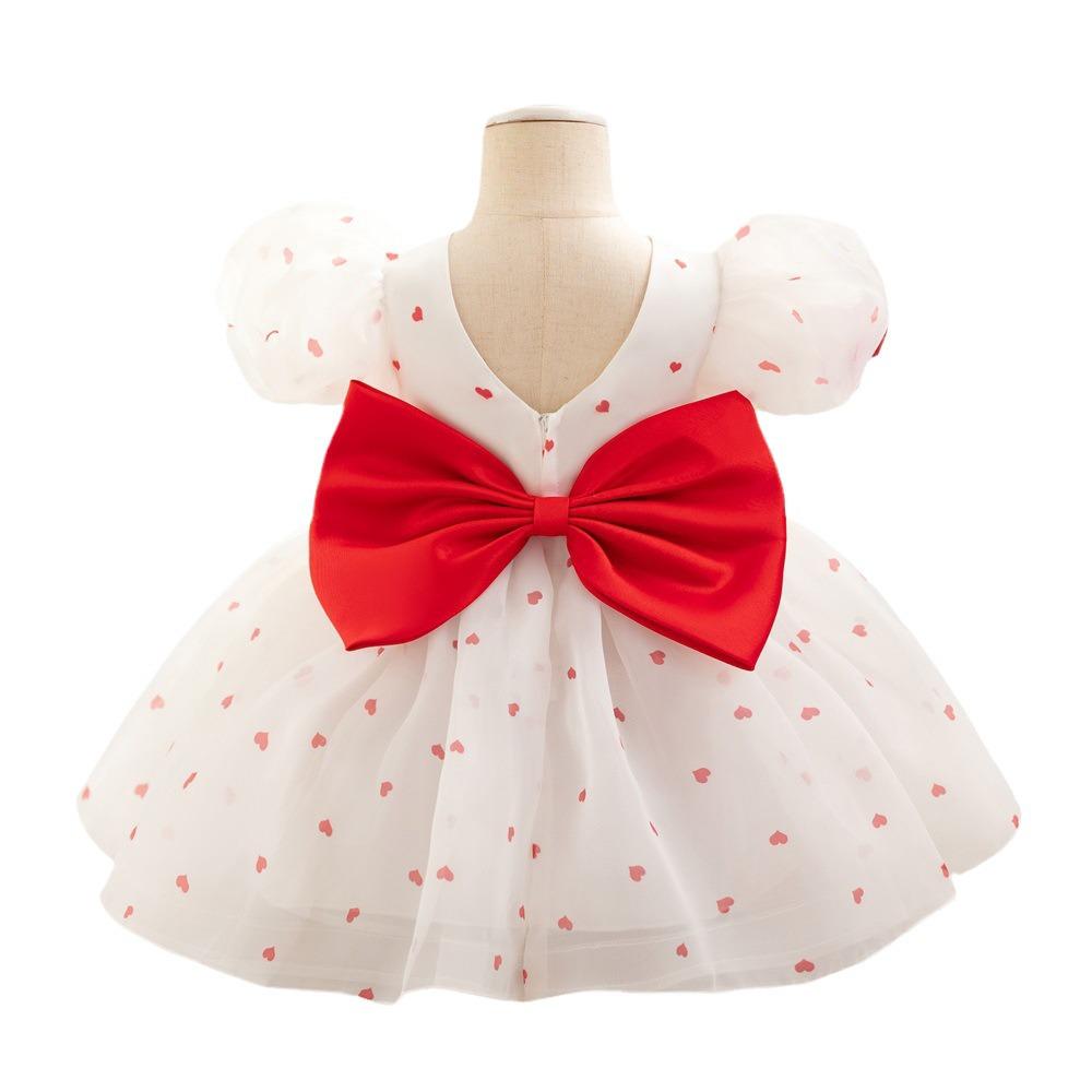 2024 Fashionable Girls' First Birthday Dress - Cute Puff Sleeve, Heart-Shaped Skirt, Princess Design