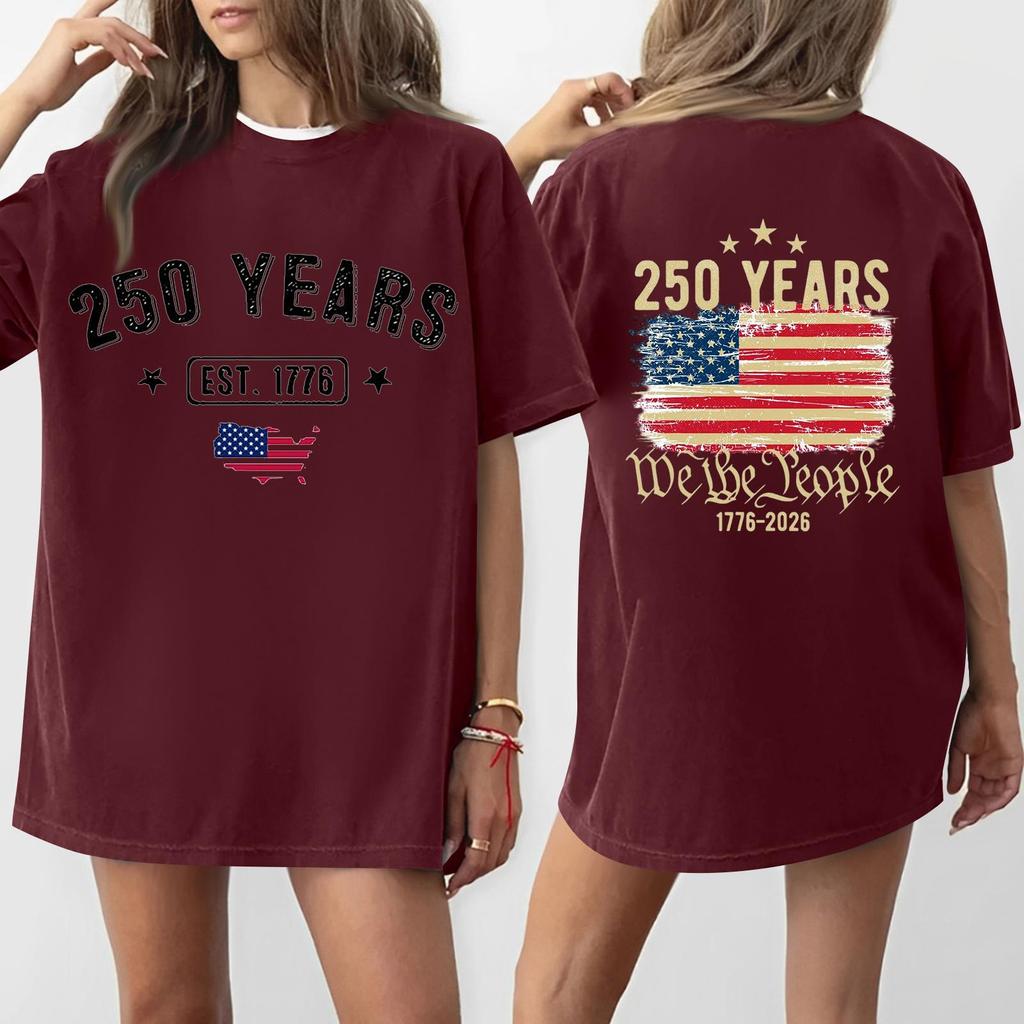 Women's Casual Independence Day 250 Anniversary Printed T-shirt Round Neck Pullover Short Sleeve Top