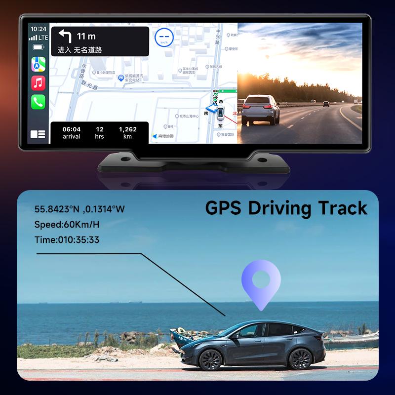 10.26" 4K Dash Cam Rearview Camera WIFI Carplay & Android Auto Dual Lens Car DVR Video Recorder AUX GPS 24H BT FM Mirror Monitor