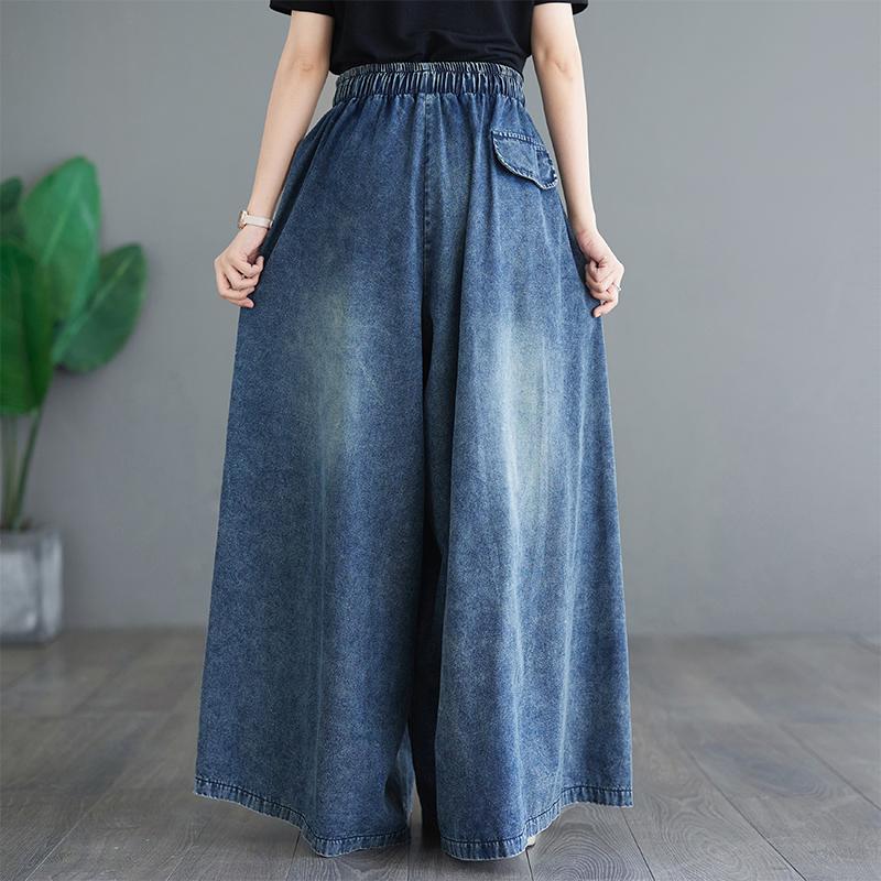 Summer Plus Size Women Jeans Long Pants Basic Trousers Loose Wide Leg Pants Casual Solid Blue Large Size