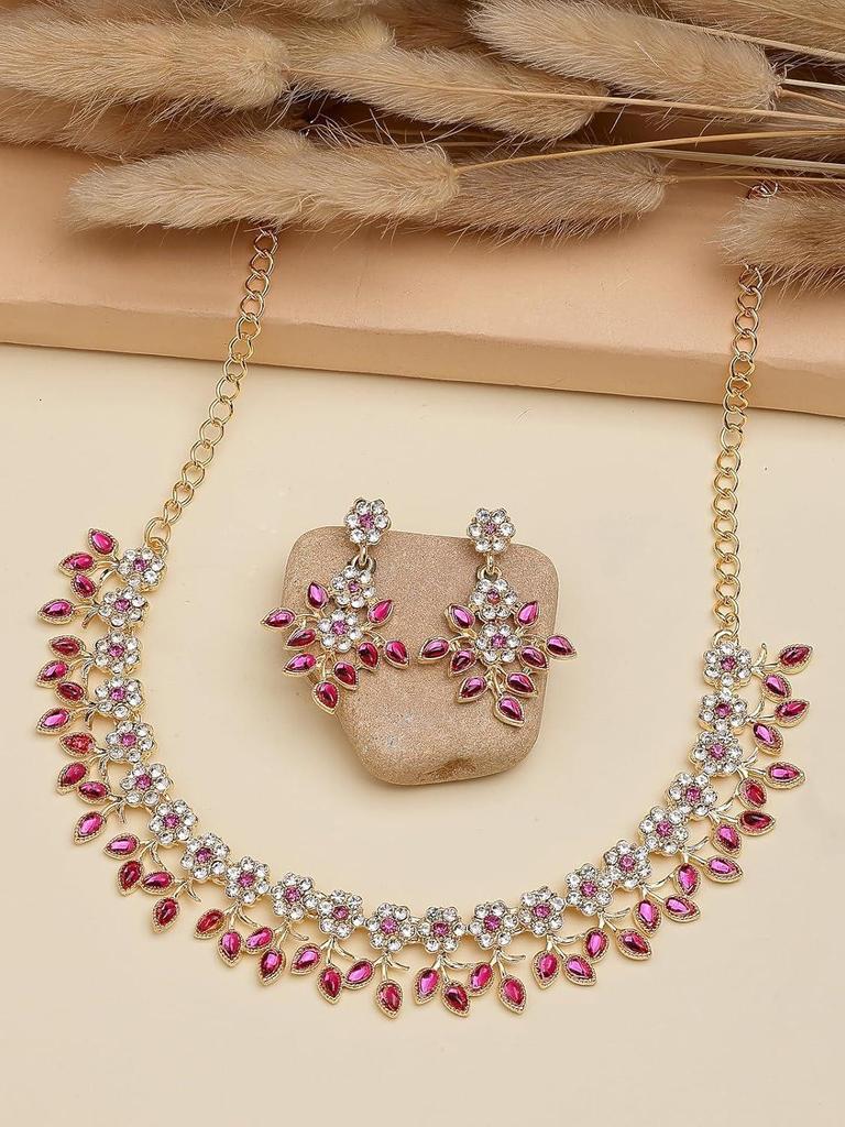 Charming Design Gold Plated AD Stone with Floral & Leaf Shaped Choker Necklace with Dangle Earring Jewellery Set
