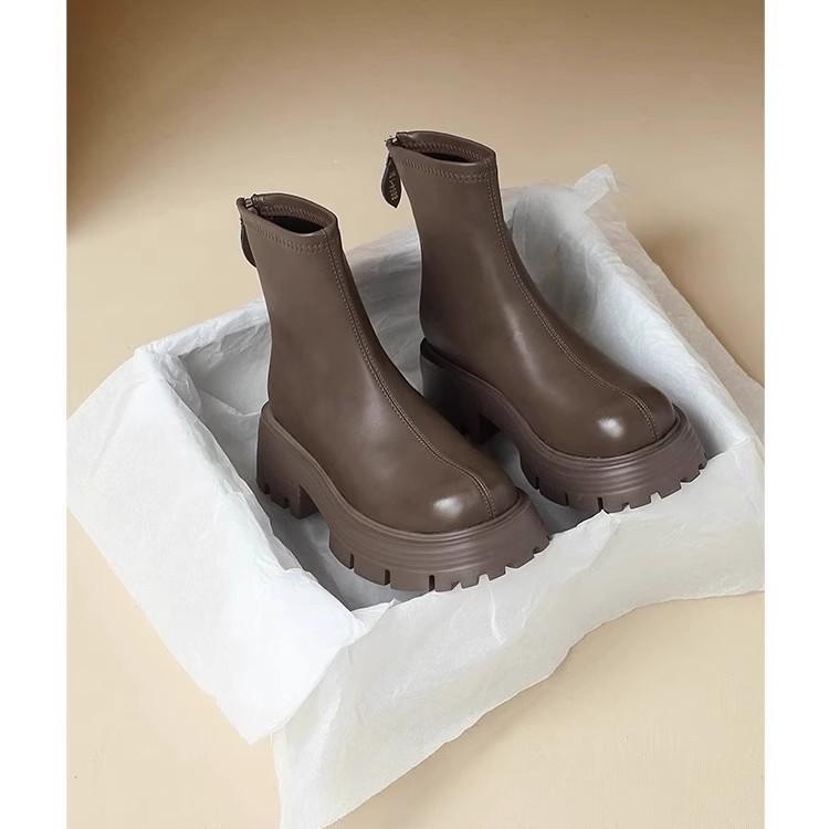 Combat Boots for Women Chunky Heel Platform Lug Sole Ankle Boots Shoes With Zipper Women's Comfortable Anti-Slip PU Leather Walking Chelsea Booties