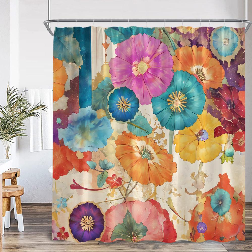 Butterfly Floral Shower Curtain Boho Flower Poppy Purple Blossom 3D Flowers Elegant Modern Bathroom Decor Polyester Bath Curtain