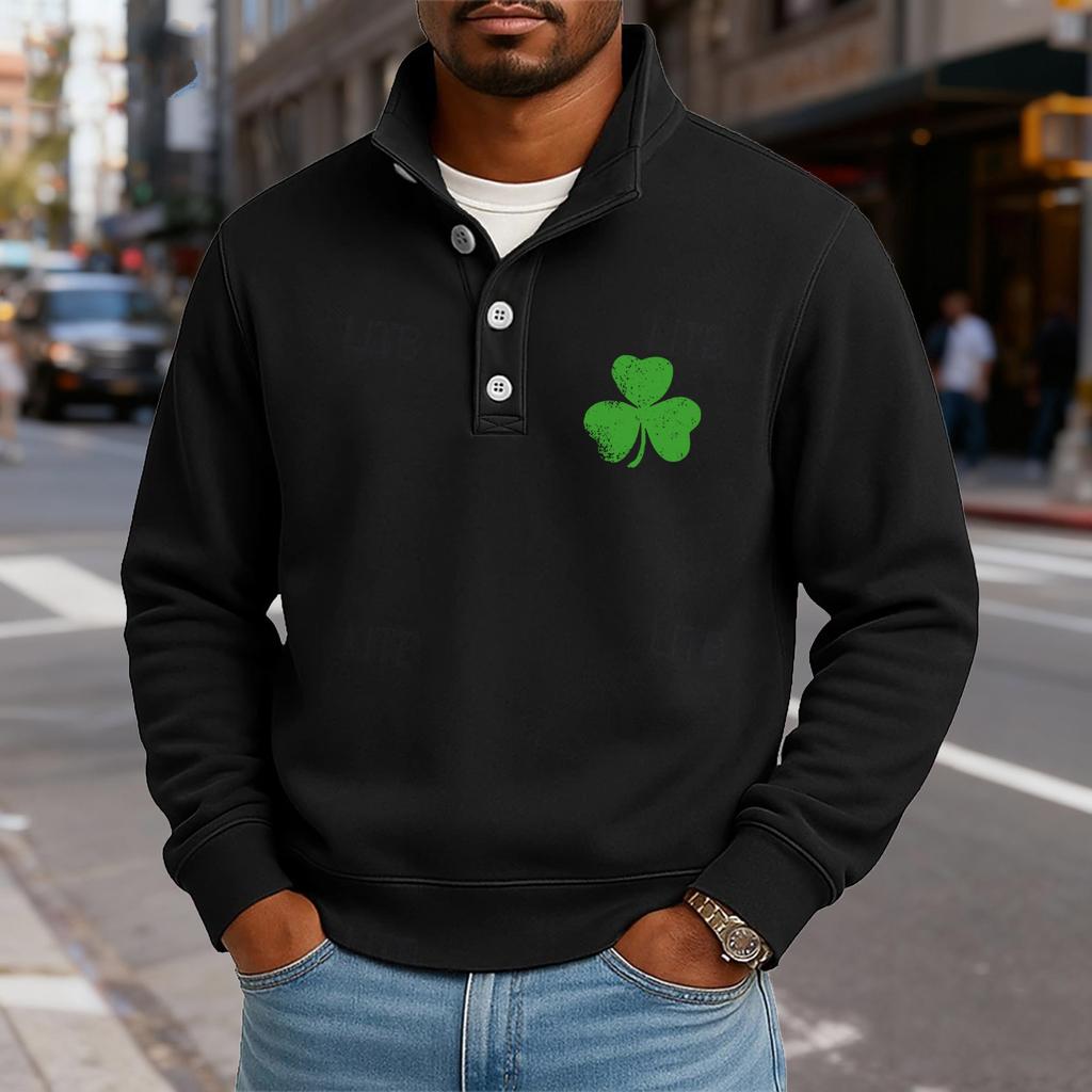 Men's Casual Stand-Up Collar Long-Sleeve Top Print Button-Down Sweatshirt