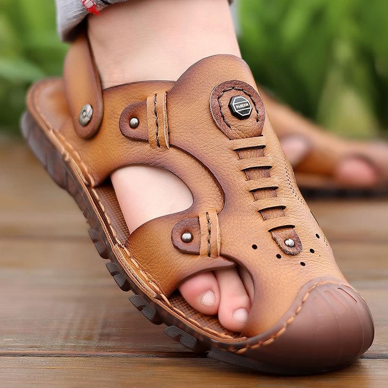Baotou sandals men's leather casual beef tendon sole first layer cowhide beach shoes dual-purpose driving wear-resistant non-slip dad shoes
