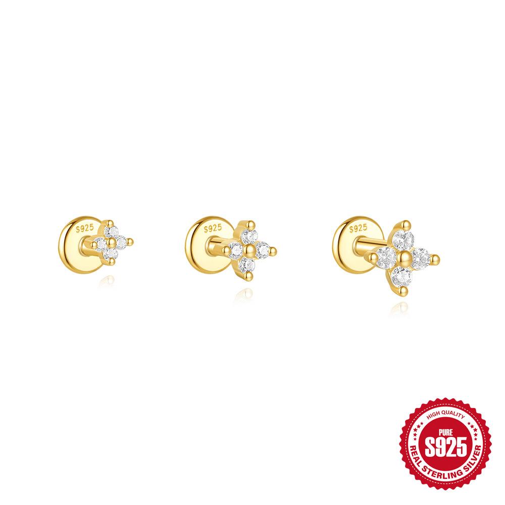 S925 Sterling Silver Delicate Four-Petal Flower Five-Petal Flower Flat Bottom Piercing Thread 5.6.8 Mm Bar Piercing Earrings Set