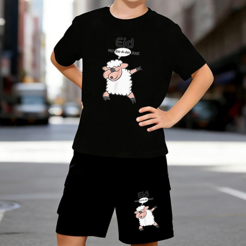 

Boys 2 Piece Cartoon Sheep Printed Outfit, Short Sleeve T-Shirt and Shorts Set for Kids Age 5-14,White Sporty Casual Summer Clothes 5-6 Years чёрный