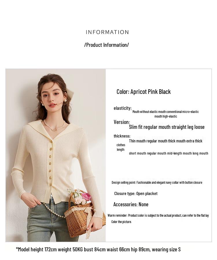 Bailuyu Women's Elegant Slim-Fit Navy Collar Knit Cardigan