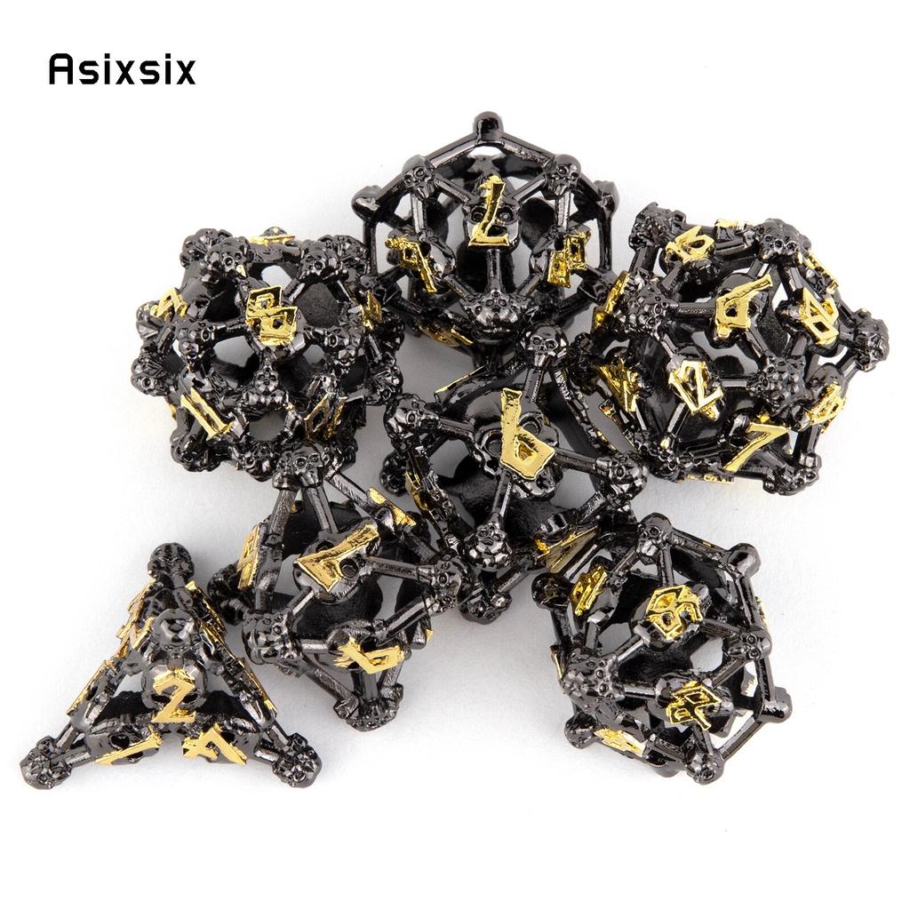 7 Pcs Black Yellow Skull Head Metal Dice Hollow Metal Polyhedral Dice Set Suitable for Role-Playing RPG  Board Game Card Game