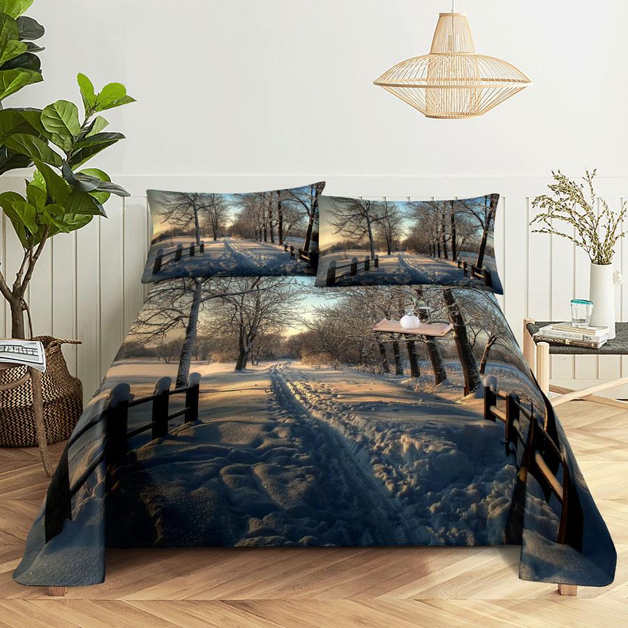 Scene Bed Sheet and Pillowcase Set Bedding Linens Cover Queen King Double Size 220x240 Trees for Bedroom Soft Twin Full Single