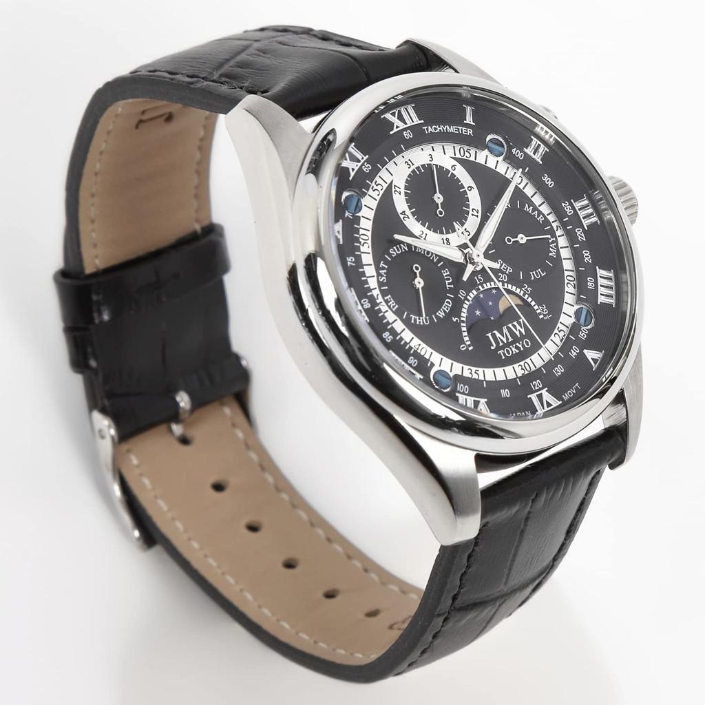 JMW TOKYO Men's Moon Phase Watch, Japanese Movement, 100m Water Resistant, Genuine Leather Strap, Roman Numerals, Black & Silver [Limited To 300