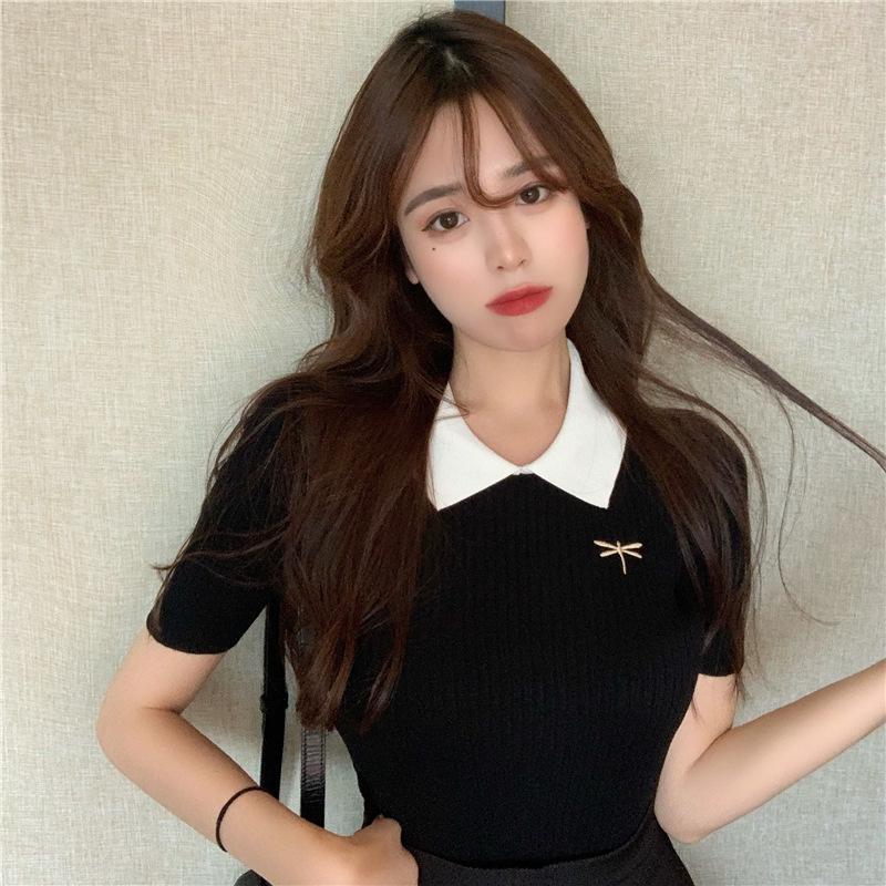 

Summer new Korean version women s clothing POLO embroidered slim-fit black knitted short-sleeved t-shirt student top women s trend One size fits all чёрный