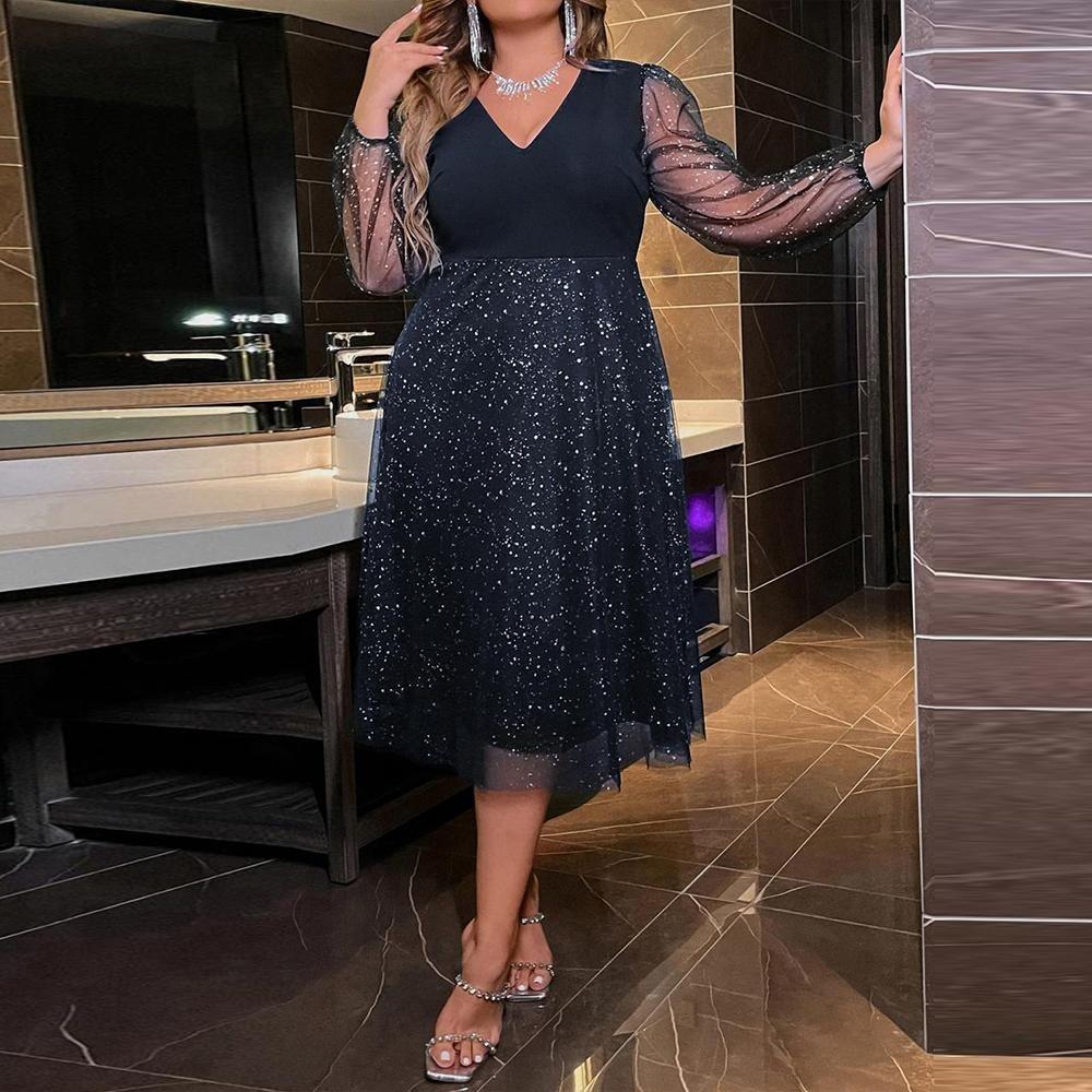 LYRIA Elegantní dámské sexy midi šaty s V výstřihem a průsvitnými síťovanými rukávy s flitry Dámské volánové společenské šaty Krása Plus Size Oblečení 2023-2024
