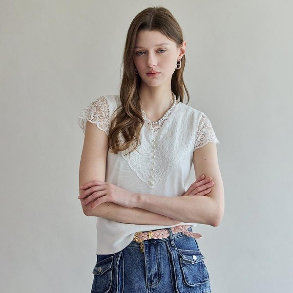 Maxza V Neck Lace Contrast Short sleeVe Knit Zf06qk005na white/FREE