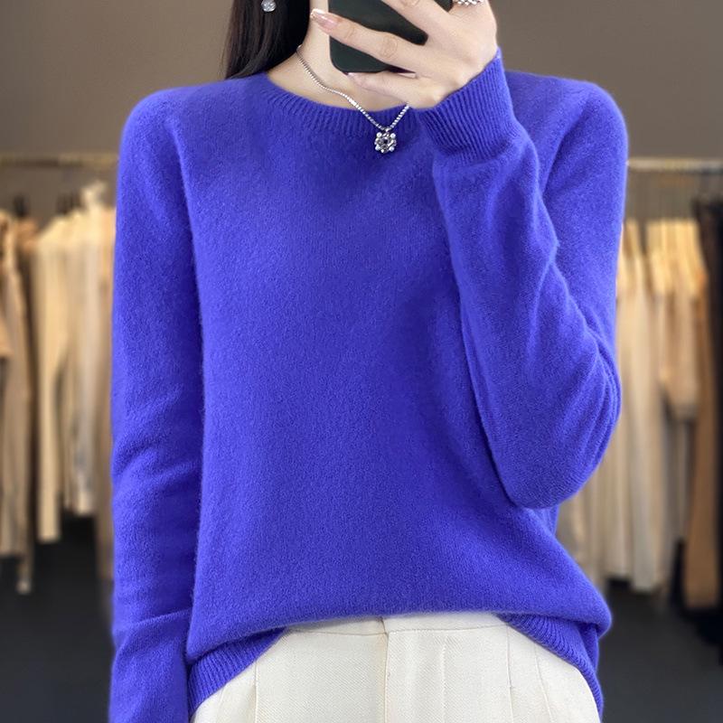 Women's 100% Wool Round Neck Sweater – Casual, Loose Knitwear, Minimalist Base Layer