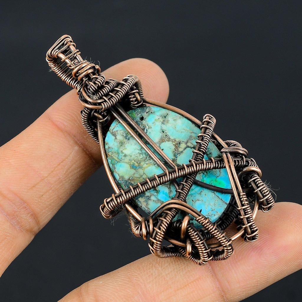 Tibetan Turquoise Pendant, 999 Copper Wire Wrapped Gemstone Jewelry, Handmade Pendant, For Thanksgiving