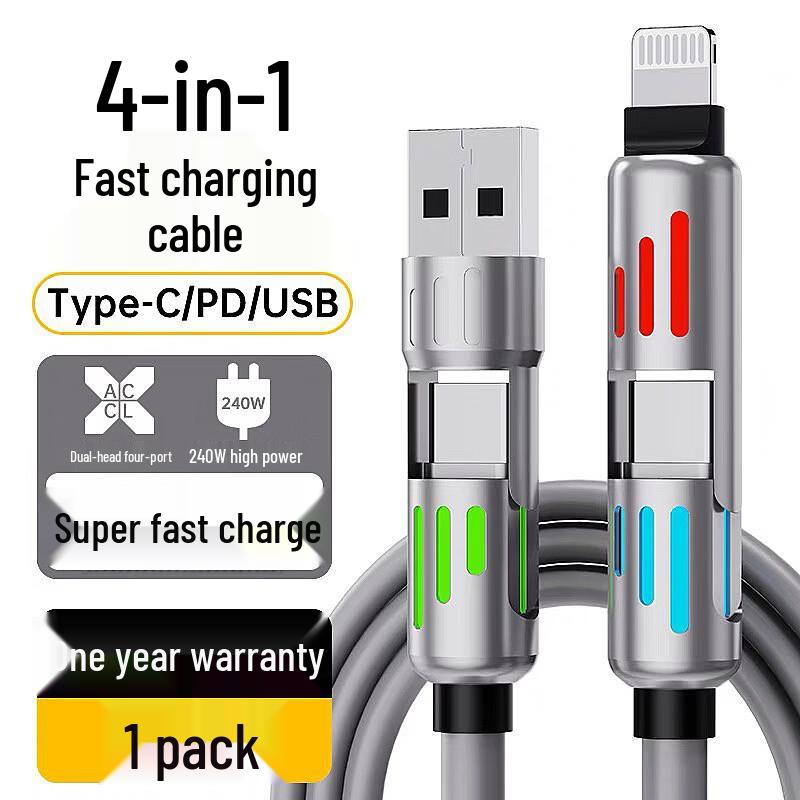 HMERCY 240W 4-in-1 Super Fast Charging Cable with RGB Breathing Light, 3-Pack