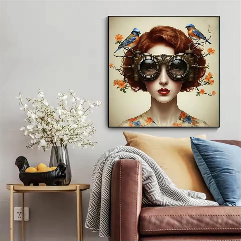 5D DIY Malowanie Diamentami Sztuka Surrealizm Kwiaty Okulary Przeciwsłoneczne Dziewczyna Ptak Mozaika Zestaw Haftowany Rhinestone Krzyżyk Wystrój Domu