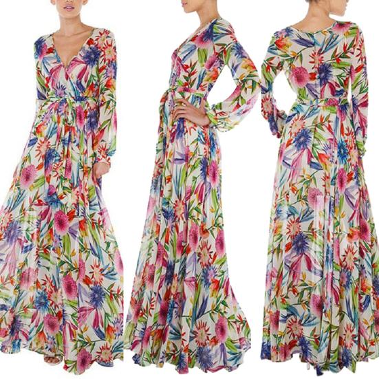 Übergröße Böhmisches Strand Damen Blätterdruck V-Ausschnitt Lange Laternenärmel Maxi-Kleid