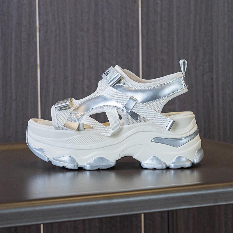 

Fashion 7CM Air Mesh Synthetic Leather Sandals Breathable Women Summer Hollow Slipper Fashion Summer Sandals Platform Wedge Flats Shoes 34