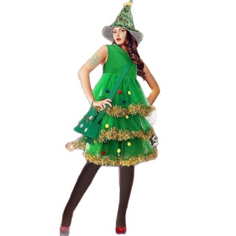 Adult Women Xmas Green Elf Christmas Tree Dress Hat Sets New Year Cosplay Costumes Performance Role Play Outfit