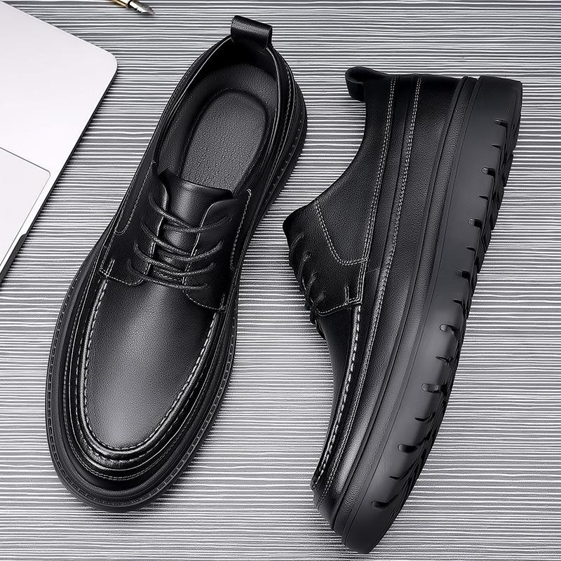 Autumn and Winter New Fashion Trend Big Head Leather Shoes Soft Sole Soft Surface Men's Casual Versatile Thick Sole Heightening Real Cow Leather Shoes