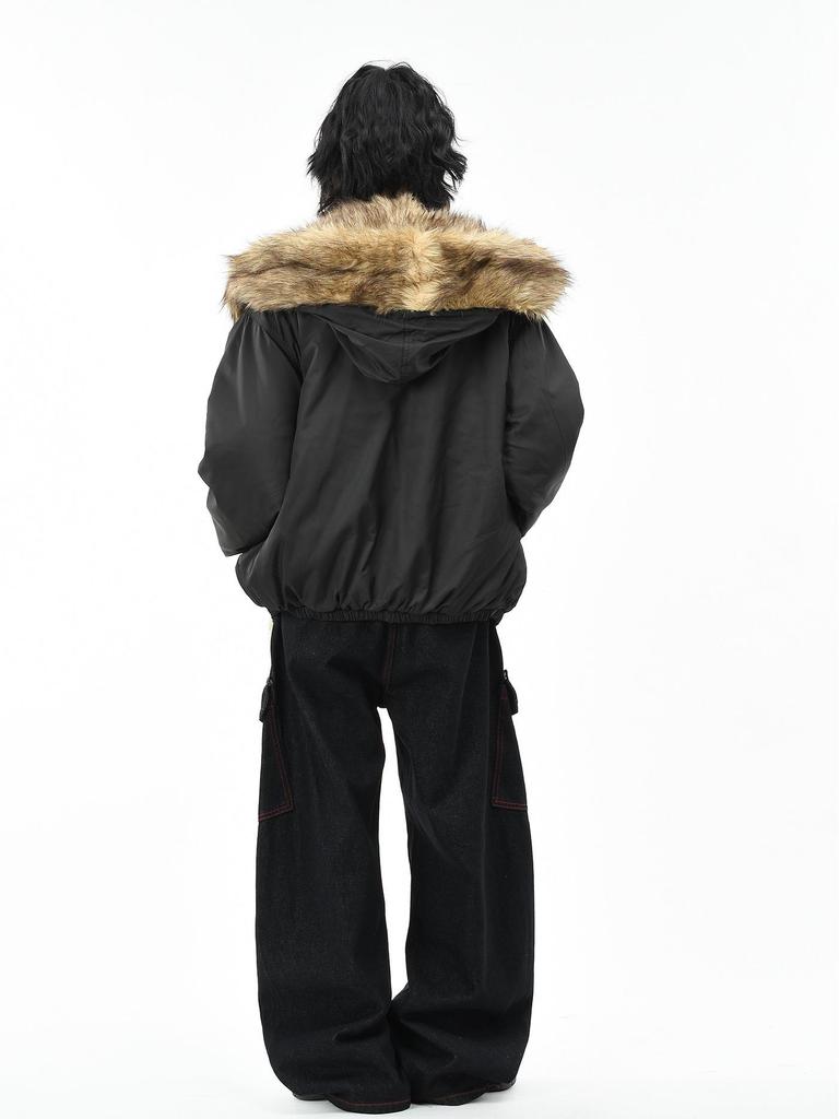 Unisex Retro Faux Fur-Lined Mountain Eagle Hooded Cotton Jacket