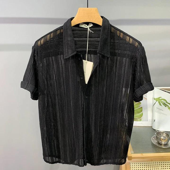 Men's Summer Solid Color Thin Simple Shirt Hollow Out Short Sleeve Personalized Draped Top
