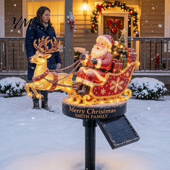 Solar Powered Holiday Pathway Lighting Santa And Reindeer Sleigh Garden Stake Light, Warm LED Christmas White Festive Lamps Lamp, Outdoor Waterproof