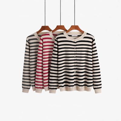 Striped Long Sleeved Knitted Sweater Women's Autumn and Winter New Loose Small Cardigan Jacket All Match Top