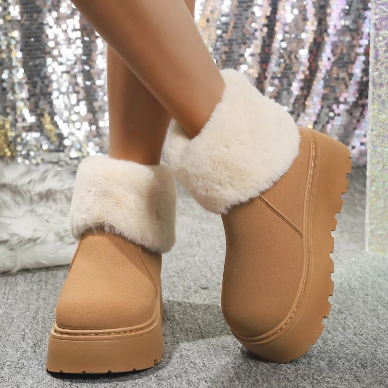 Fashion New Round Toe Shallow Mouth Thick Sole Non-slip Casual Walking Boots Winter Suede Plus Velvet Warm Snow Boots for Women