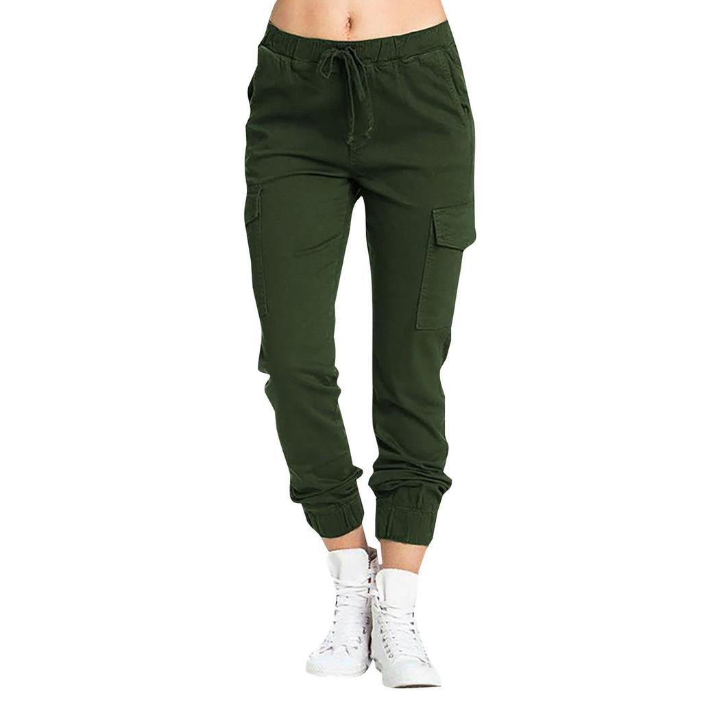 Women's Color Cargo Casual Elastic Waist String Side Pocket Trousers Long Pants