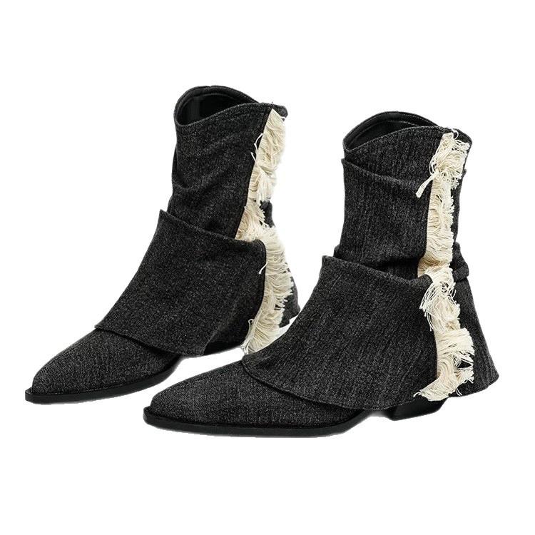 Beginning Series Shu Pants Boots Fried Street Fringed Retro Western Cowboy Boots Piled High Heels Autumn and Winter Pointed Sleeve Short Boots Women