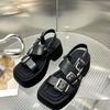 Women's Fashion Chunky Sandals Summer New Square Head Open Toe Metal Buckle Waterproof Platform Non-slip High Heels