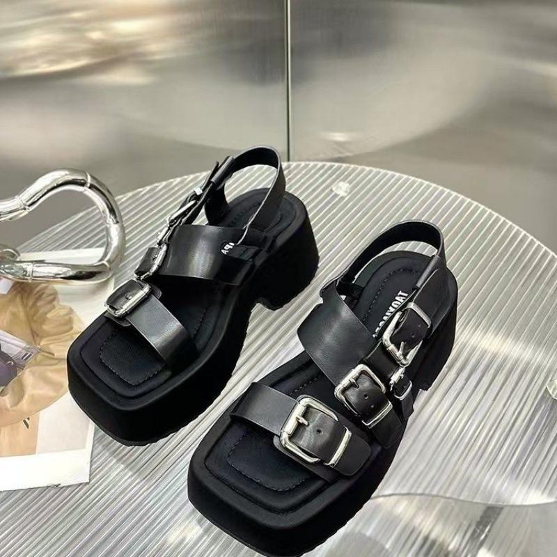 Women's Fashion Chunky Sandals Summer New Square Head Open Toe Metal Buckle Waterproof Platform Non-slip High Heels