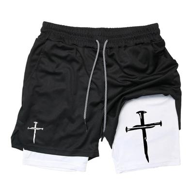 Cross Print 2-in-1 Workout Laufshorts für Herren Christliche Fitnessstudio-Athletikshorts mit Kompressionsfutter Handytasche Handtuchschlaufe
