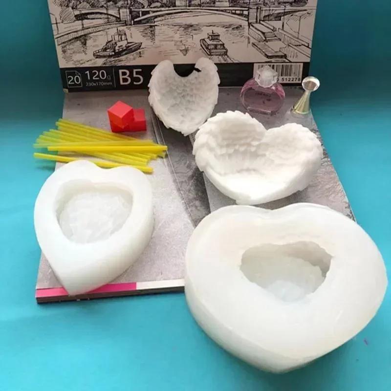 Creative Shape Diy Handmade Angel Heart Shape Wings Silicone Mold Office Storage Ornaments Candle Holder Mold Making Supplies