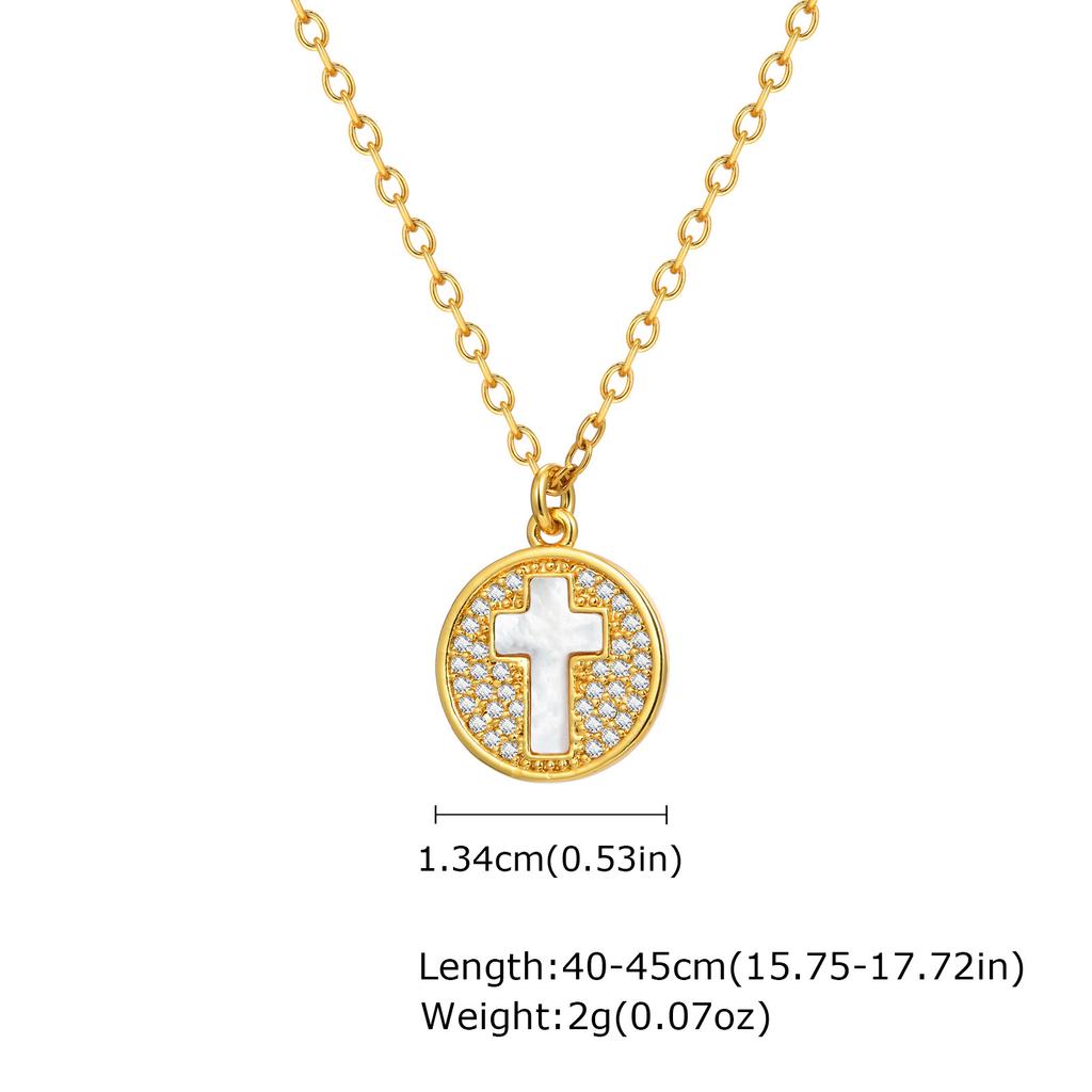 Copper Zircon White Shell Cross Four-Leaf Clover Round Card Wind Pendant Necklace Gold Pnb-351