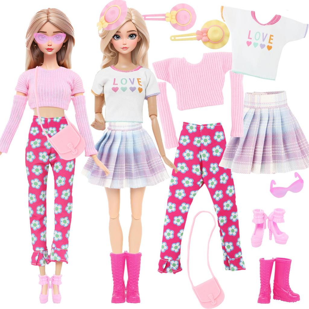 Pink Set 10 pcs 11.5'' Girl Doll Accessories 2 Tops Pants Shoes 1 Glasses Handbang Arm Sleeves Random Hairpin Kids Toy Gift