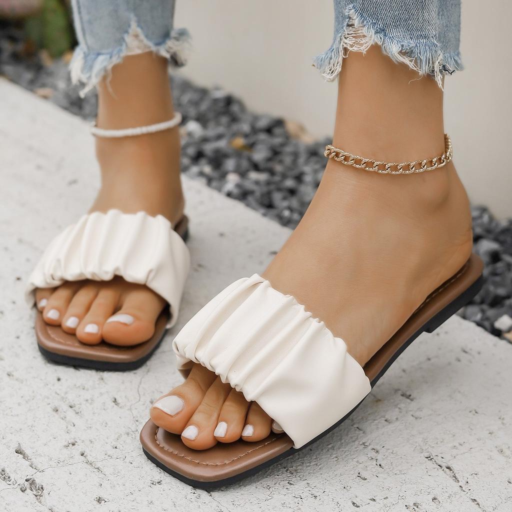 Sommer Hausschuhe für Damen Plissierte Flip Flops Flats Neue Koreanische Hausschuhe Damen Sandalen Grün Slip-on Schuhe Große Größe 36-42
