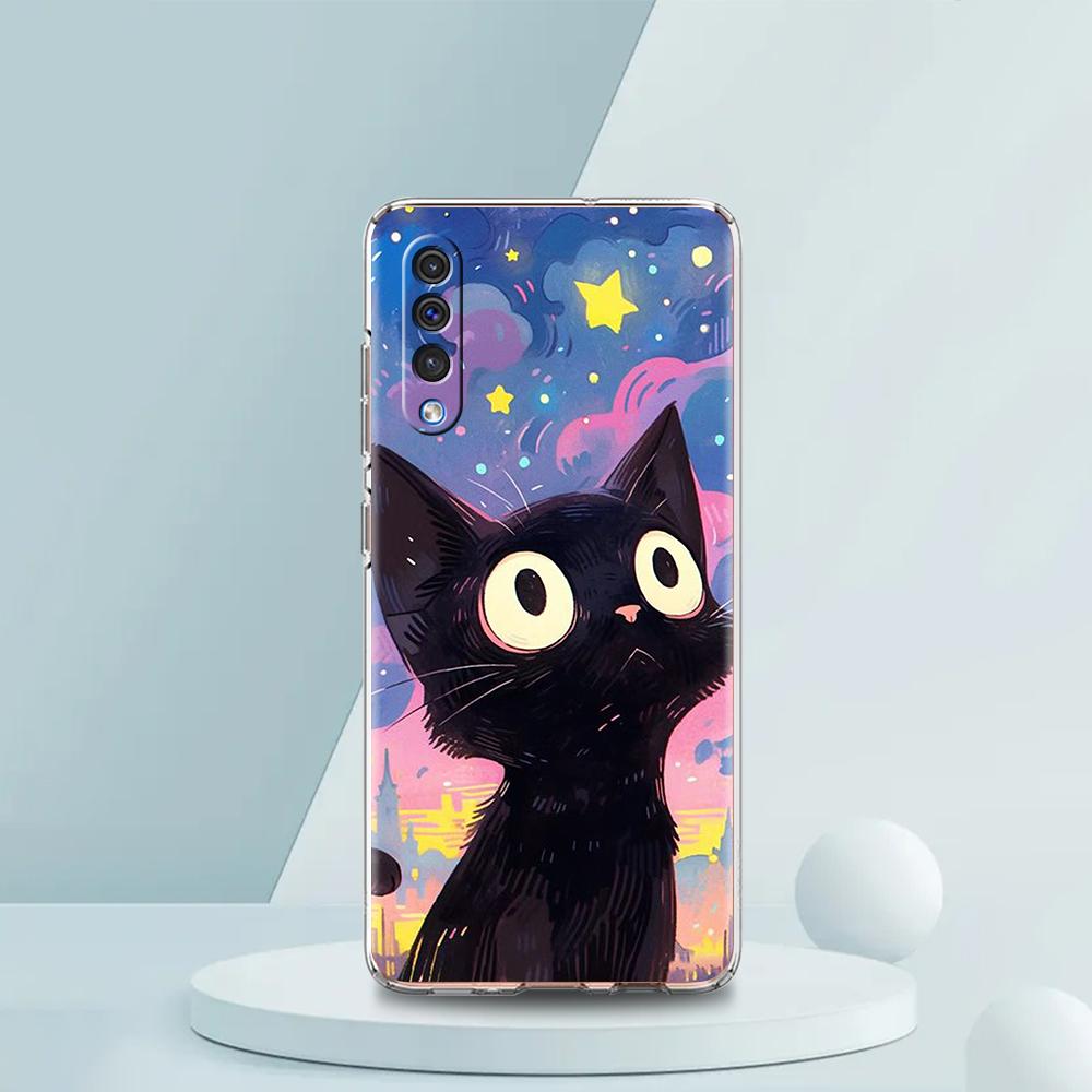 Artistic Black Cat Starry Night Case For Samsung A16 A14 A12 A22 A32 5G A34 A42 A52 A54 A50 A70 A30 A40 A20E A10S A02S A04S A06