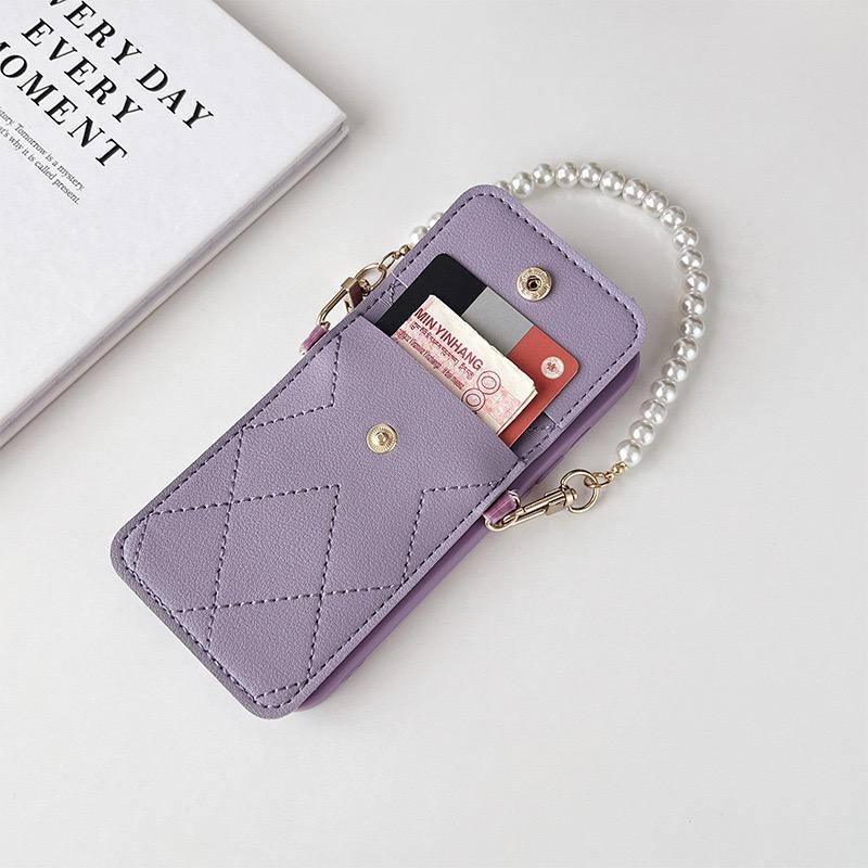 Fashion Phone Case For iPhone 17 15 14 13 12 11 16 Pro Max Plus Wallet Card Slot Flower Pearl Strap Cord Lanyard Bumper Cover