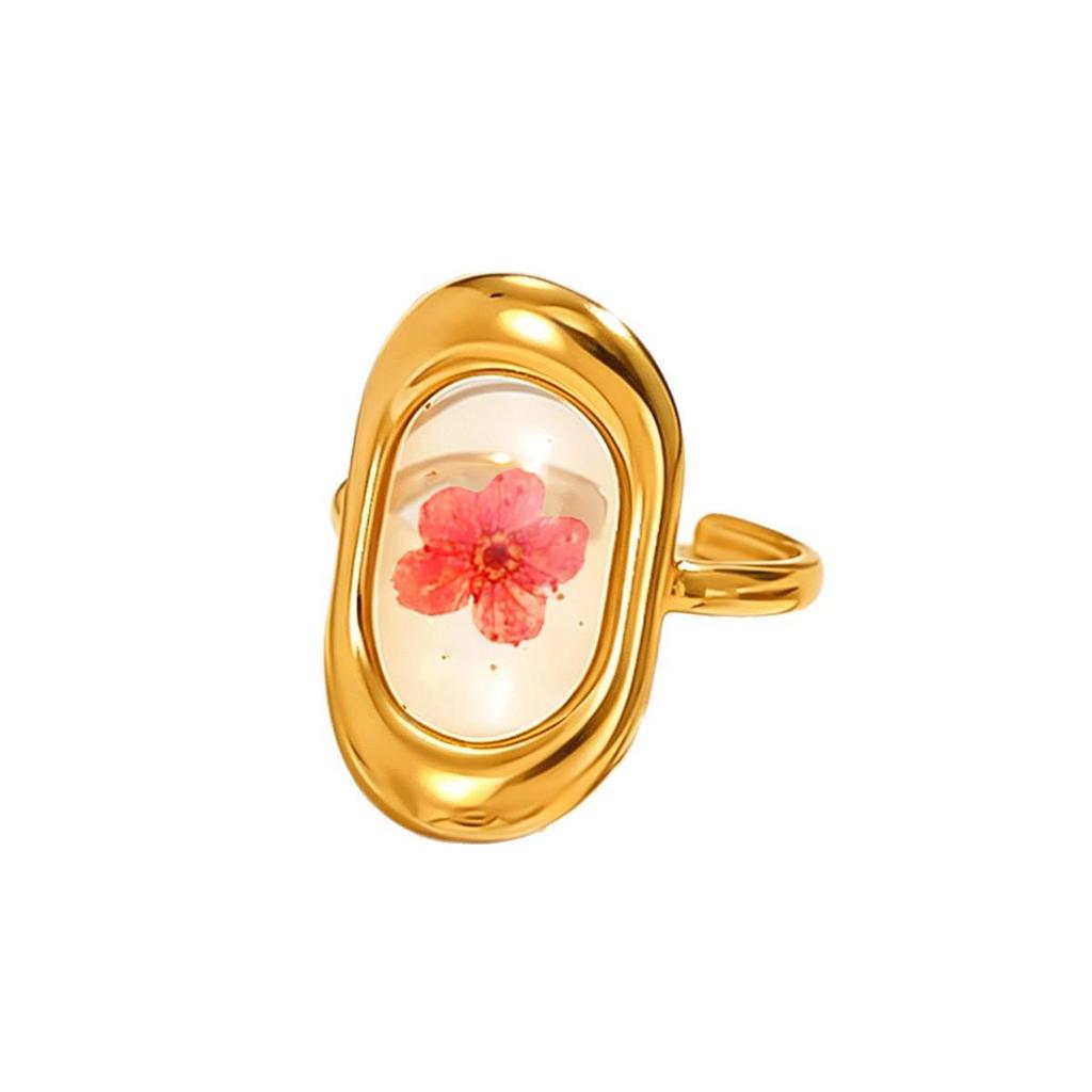 Women's Forest Style Stainless Steel Ring with Dried Flower and Transparent Enamel