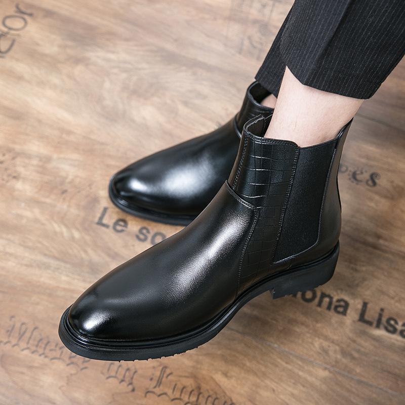 Martin Boots Leather Medium Top Pointed Fleece High Top Leather Shoes Chelsea Boots Black Hairstylist Short Boots