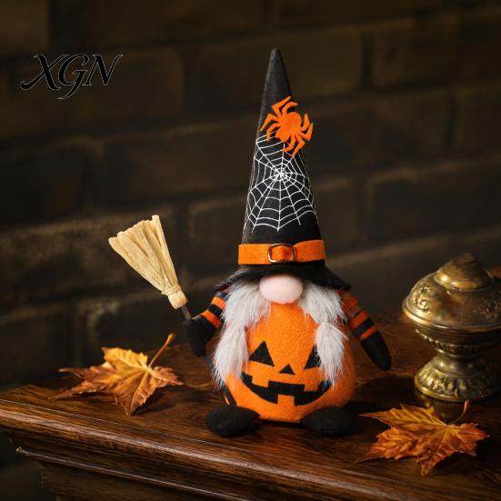 Creepy Gothic Style Ornaments Halloween Plush Gnome Decoration, Spooky Orange Black Spider Web Bat Swedish Faceless Dolls Tomte Elf Figurine,