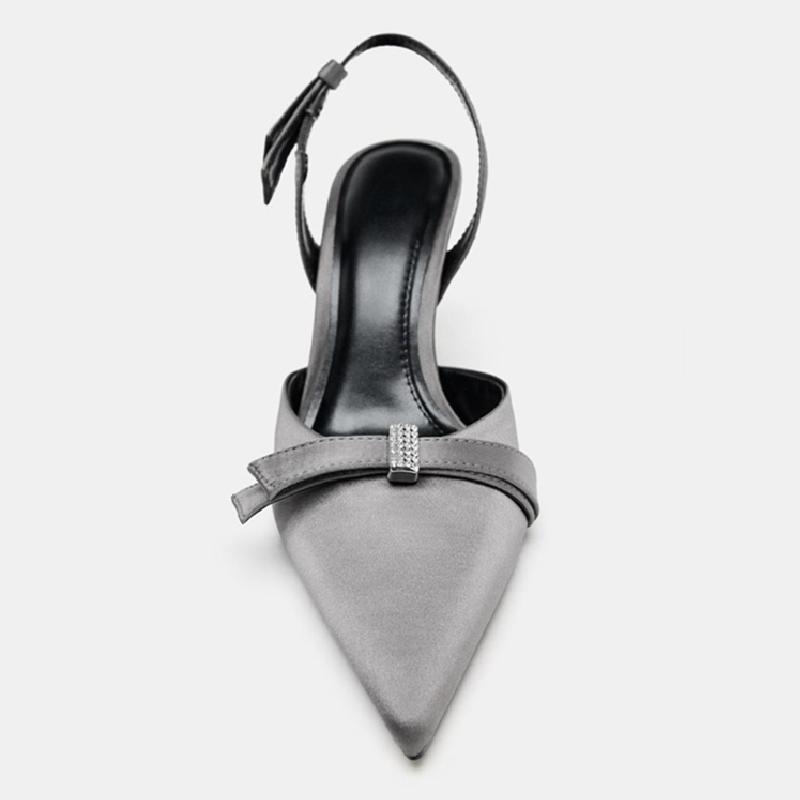 Zapatos de Salón Negros con Punta Fina y Lazo de Satén para Mujer Lujosos con Pedrería Diseñador Slingback Sandalia de Tira Trasera con Tacón de Aguja de Moda