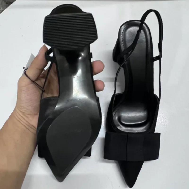Pointed Toe Women Shoes Woman 2025 Spring Black Retro Bow Decoration High Heels Shallow Slingbacks Elegant Ladies Pumps
