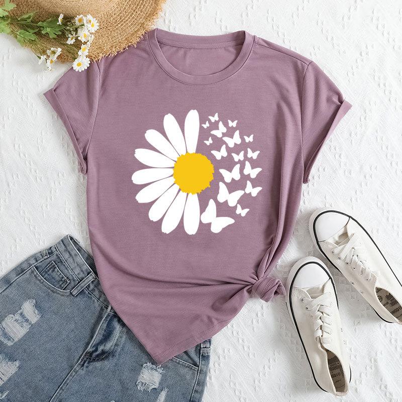 Summer Women's Daisy Butterfly Print Loose Round Neck Casual Pure Cotton Short Sleeved T-shirts Women's