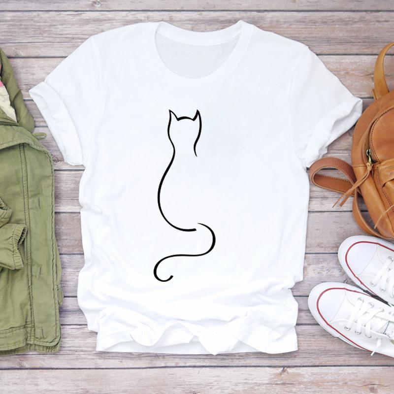 (European Size) Animal Pet T-shirt Lady Cartoon T Tee Top Women Print Fashion Clothes Female Clothing Short Sleeve Cat Graphic T-shirt