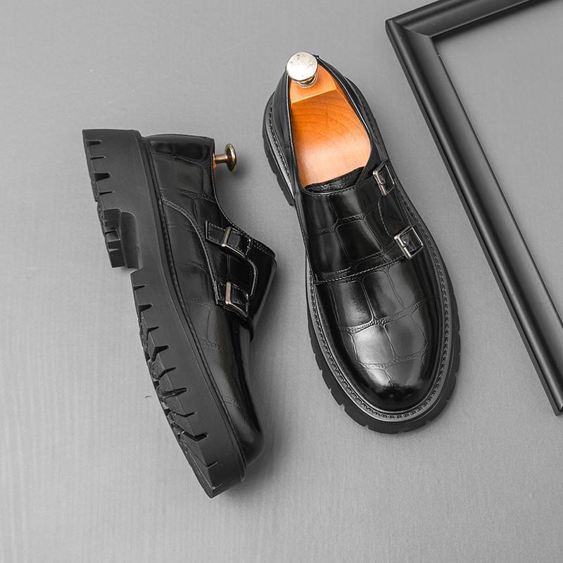 Retro Herren Höhenvergrößernde Slipper Schwarz-braun Lässig Dicksohlig Rutschfest Modisch Zum Knöpfen Lederschuhe Gesellschaftsschuhe Herren